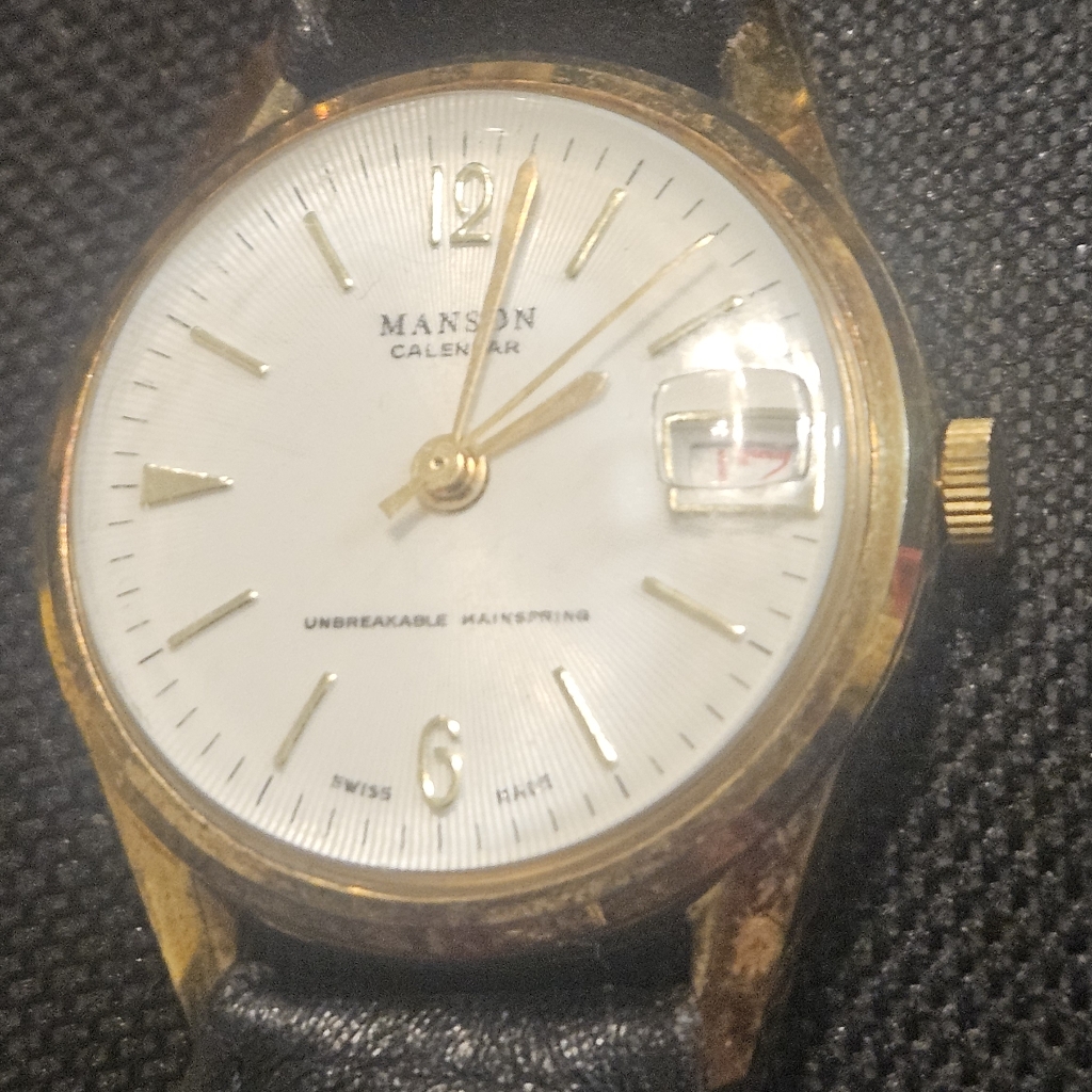 Vintage Mid Century Manson Gold And White Watch With Black Leather Strap
